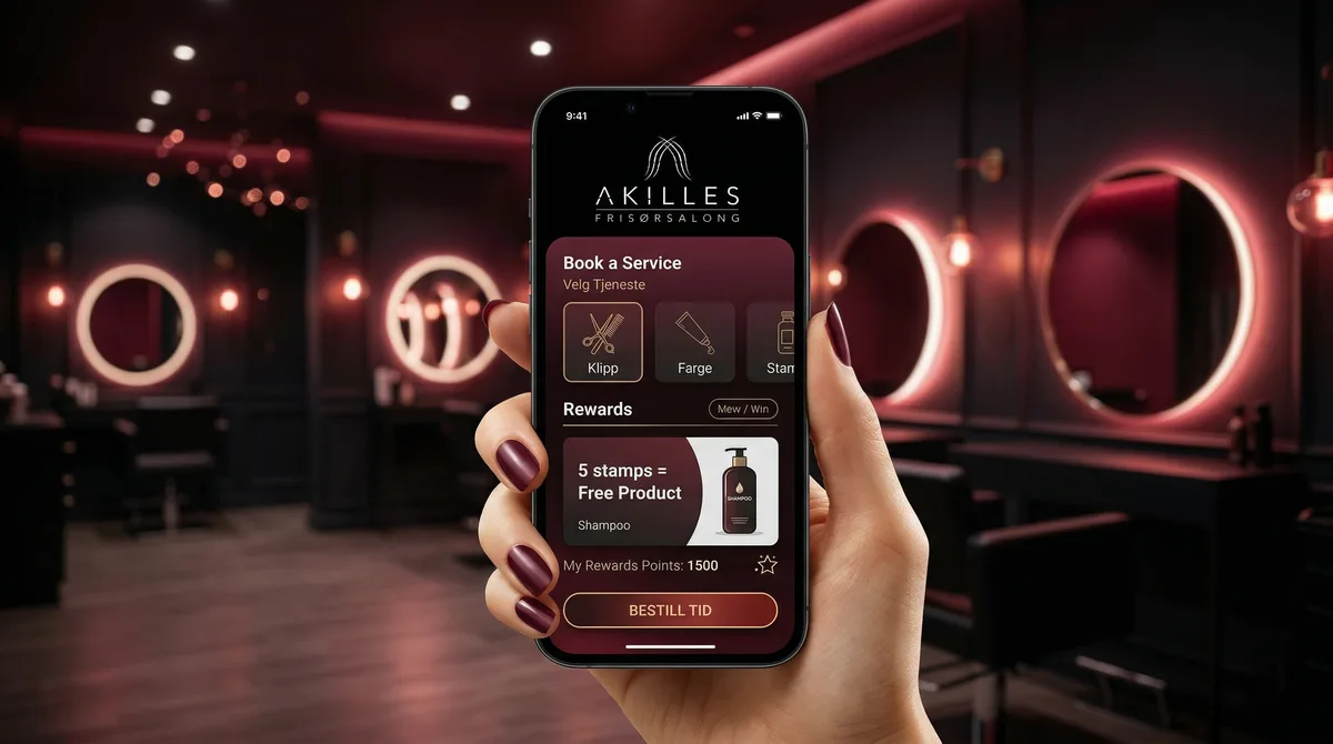Stylish Norwegian hair salon interior with a booking app on a smartphone, Akilles Frisørsalong cross-platform app case study
